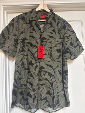 HUGO Olive Green & Black Tropical Short Sleeve Button Shirt